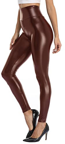 Teemie Damen Kunstleder Leggings Thermo Leder High Waist Stretch Skinny Hose Leggins PU Lederhose Strumpfhosen Sexy Treggins Lederoptik Dünn Gefüttert Kunstleder Winter Braun L