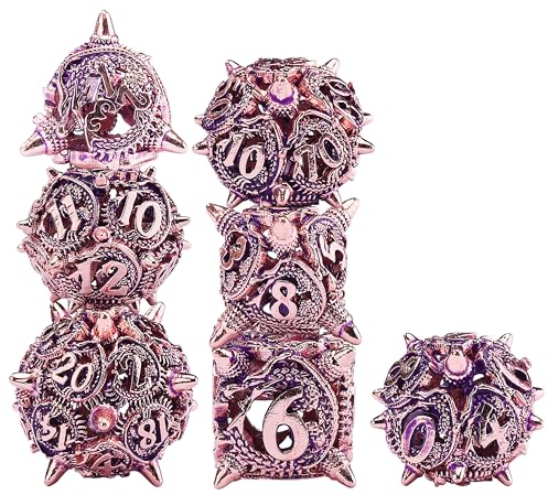SIQUK 7 Pezzi Set di Dadi DND, Dadi Metallo Cavi Dadi Poliedrici D4/D6/D8/D10/D12/D20/D% per Dungeons and Dragons MTG RPG, Viola & Oro