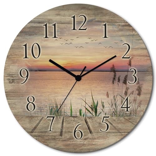 ARTLAND Wanddeko Wanduhr ohne Tickgeräusche aus Holz Quarzuhr lautlos rund Ø 30 cm Der See in den Farben der Wolken T9QD Landschaften Seebilder