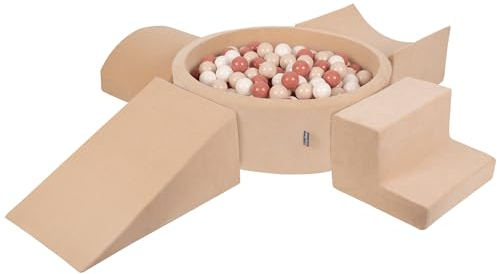 KiddyMoon Velvet Aire De Jeux en Mousse avec Rond Piscine À Balles (200 Balles) Fosses À Boules pour Enfants Jouets Parcours Obstacles, Beige Sableux: Beige Pastel/Saumon/Blanc