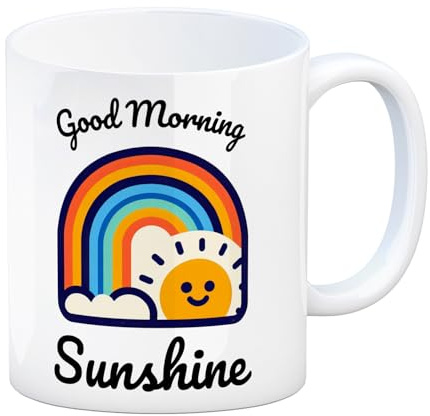 Regenbogen und Sonne Kaffeebecher mit Spruch Good Morning Sunshine Farbenfroh Lachend Bunter Himmel Freude Strahlendes Licht Gute Laune Tasse Arbeitsplatz