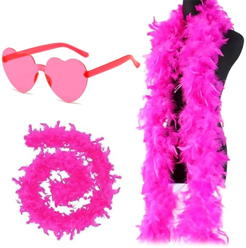 Federboa, 2M Feder Boas Flauschige Feder Boa Pute Federn Schal für Damen Federn für Frauen Federboa und herzförmiger Brille Kostüm zubehör für Karneval Party, Bühnenshows, Kostüm Party(Rose Rot)