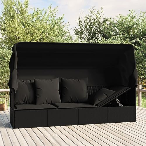 Rantry Gartensofa mit Sonnendach und Kissen Gartenliege Möbel mit Sonnenschutz Sofabett Sonnenliege Sofa Bett Gartenliege Möbel Gartensofa Schwarz Poly Rattan