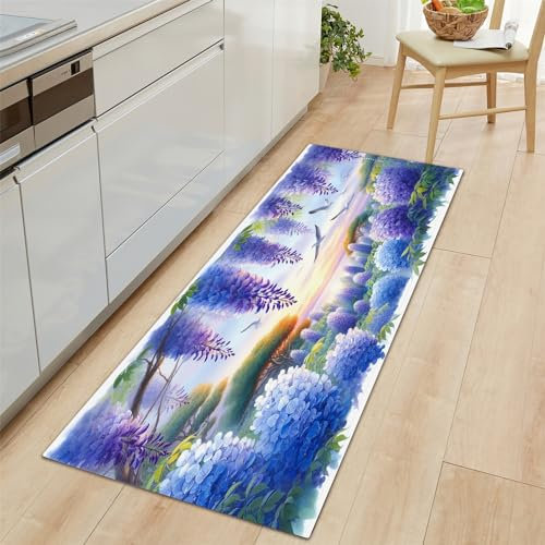 Küchenläufer Lavendelpflanzenblüten Motiv Teppich Läufer 60x150 cm, rutschfest Pflegeleicht Lila Teppich Läufer für Küche, Flur, Eingangsbereich, Esszimmer