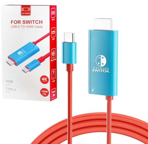 Juseisin Adapter, USB C to HDMI Cable for Nintendo Switch/OLED, 2M Charging Cord, Portable Replacement for Switch Dock, 4K HD, 30Hz, 2-in-1 Design with 2 USB C Ports & HDMI Port