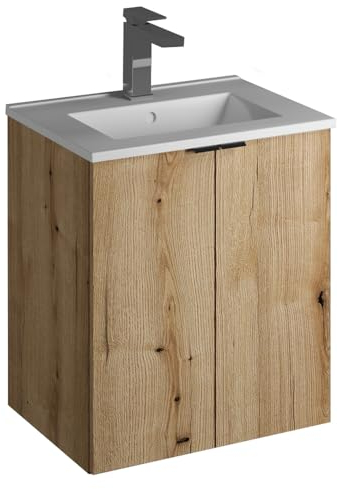 Lomadox Badezimmer Waschtisch 50cm mit Keramik-Waschbecken, Eiche, geringe Tiefe (40cm)