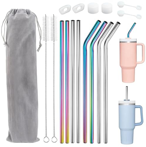 Rierousy 8 Stück Strohhalme Edelstahl, 31cm Lange Strohhalm Metall für Stanley Adventure Quencher 30oz/40oz Cup, Strohhalme Wiederverwendbar Trinkhalme Edelstahl mit 2 Reinigungsbürsten