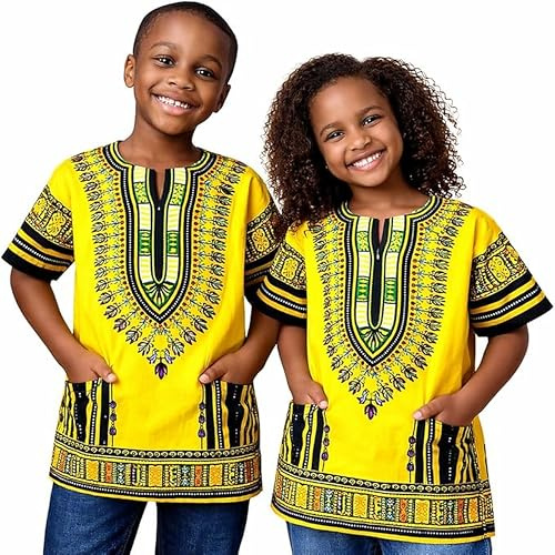 Adalex Global Dashiki African Kids Shirt Traditional Design, Authentic Clothes for Children Ethnic Patterns and African Print Boy Girl (UK, Age, 10 Years, 12 Years, Regular, Yellow Green)