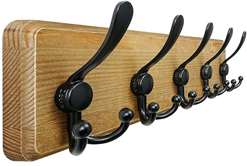 Dseap Garderobe, Garderobenhaken - Robust Vintage Garderobenleiste Holz mit 5 Dreifachhaken, Kleiderhaken Wand, Hakenleiste, für Jacken Mäntel Handtaschen, Retro Braun & Schwarz