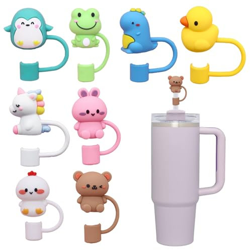 8PCS Animal Straw Covers Cap,Silicone Animal Straw Toppers,Straw Covers Cap Fit for Stanley Cup,Reusable Dust Cap for 10mm Straws,Straw Tip Attachment for 30 and 40 oz Stanley with Handle Non-Tip