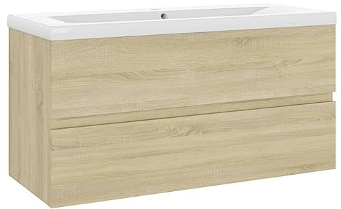Willood Waschbeckenunterschrank Einbaubecken Sonoma-Eiche Holzwerkstoff Mit Schublade,wandmontiert,Spillover-Funktion Ohne Wasserhahn & Abfluss90 x 38.5 x 45 cm