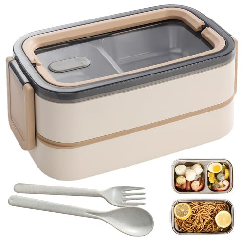 WIYETY Fiambrera Bento de 2 Niveles Con Compartimentos: Acero Inoxidable Premium Para Adultos, Sin BPA, Con Cubiertos, Ideal Para Viajes, Apta Para Microondas