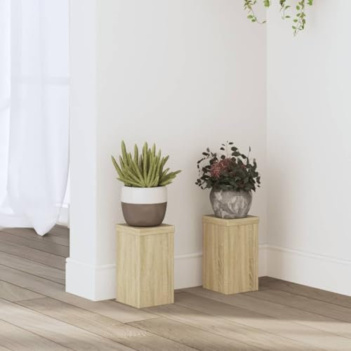 Makastle Blumenhocker 2er Set, Indoor Blumenständer Pflanzenständer Pflanzenstand Pflanztisch Deko Tisch Blumenregal Blumentopfständer Pflanzenregal, Sonoma-Eiche 10x10x18 cm Holzwerkstoff