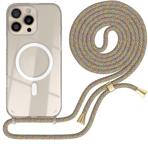 EAZY CASE - Handykette kompatibel mit iPhone 16 Pro Max Kette zum Umhängen Stoßfest Handyhülle für Apple iPhone 16 Pro Max Silikon Hülle mit Band Handytasche Transparent als Fallschutz in Rainbow