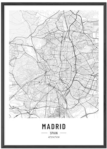 JUNOMI® Madrid Poster DIN A4 mit Rahmen Schwarz, DIN A4 Wohnzimmer Deko, Modernes Wandbild, Madrid Bild, Wandbild mit Rahmen, Stadtplan Poster Madrid, perfekte Geschenkidee für Madrider