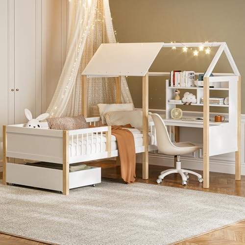 MOBETTRES 90 x 200 cm Kinderbett mit Rausfallschutz und Lattenrost, L-förmigem Schreibtisch und Bücherregal, Schubladen mit Rollen, multifunktionales Hausbett aus Massivholz