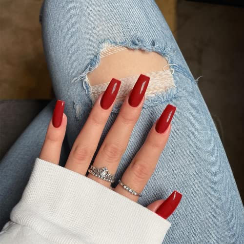 SXVME Red Press on Nails Long Square, Wine Red False Nails Medium Coffin, Glossy Gel Fake Nails Press on, Sheer Gel Stick on Nail for Women, 24 Pcs