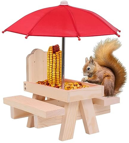 Eichhörnchen -Picknicktisch Feeder mit Regenschirm Holz Eichhörnchen -Feeder für außen süße Chipmunk -Feeder mit Zwei Bänken Eichhörnchenhaus für kleine Tiere Holzfarbe