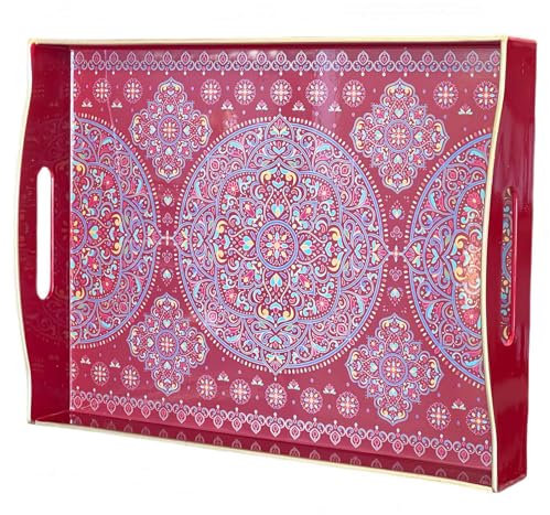 Simmer Stone Decorative Tray, Marbling Plastic With Handles, Rectangular Vanity And Serving For Bathroom, Kitchen, Ottoman And Coffee Table, 15.35 x 11.02” (Hidden patterns Red)