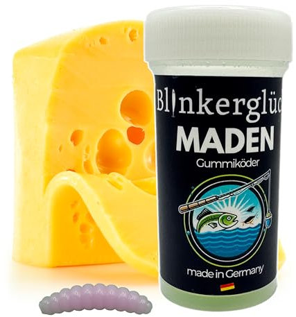 Blinkerglück Angeln Kunstköder-Maden 2cm – 50 Stück in praktischer Kunststoffdose mit Käsearoma (Bubblegum (UV-Aktiv))
