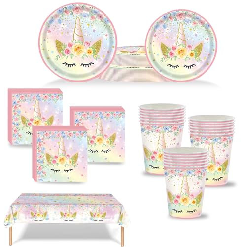 69pcs Rainbow Unicorn Birthday Party Tableware Set for Girls,Unicorns Tablecloth Paper Plates Cups and Napkins Dinnerware Set for Kids Girls Birthday Aged 1+,Unicorn Party Table Decorations Supplies