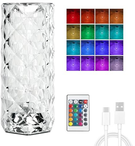 EXTRASTAR LED Kristall Tischlampe, RGB Tischlampe mit Fernbedienung, Dimmbare Touch Lampe, 16 Farben und Helligkeit Einstellbar, USB-Aufladbare, Wasserrippel-Blende