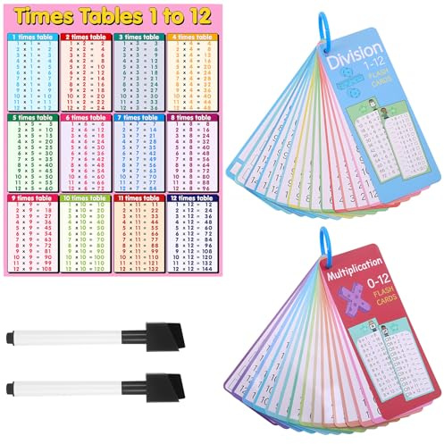 GSrenyu Times Table Multiplication Flash Cards, 0-12 Multiplication Chart Division Flashcards With Times Tables Poster, 2 Dry Erase Markers and 2 Ring Math Flash Card For Kids