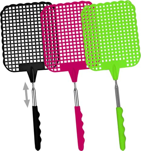 3 Pièces Tapettes à Mouches Extensible, Tapetteà Mouche Coloré, Contrôle des Ravageurs Manuel avec Poignée Télescopique Durable et Robuste, Léger et de Bonne Qualité (Noir,Vert,Rose)