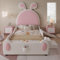 PUGSDRLY Lit Enfant 90x200 cm Rembourré À Lapin avec Toboggan,Barrières Souples et Poche,Lit Enfant Fille Une Place avec Escalier,Sommier À Lattes (Blanc Rose)