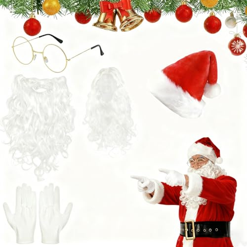 5 Stück Weihnachtsmann Bart und Perücke, Weihnachtsmann Bart + Weihnachtsmann perücke+ Weihnachtsmütze + Handschuhe + Santa Claus Brille, Weihnachtsmann Kostüm Zubehör, zum Verkleiden als Nikolaus