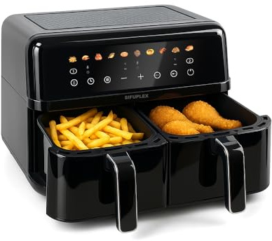 Sifuplex ASF90 Duo 9 L Heißluftfritteuse, Airfryer | Doppel Fritteuse à 4,5 L, 90% weniger Fett durch Rapid-Air-Technologie, Digitaler Touchscreen, 2800W