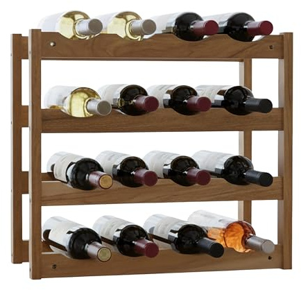 Relaxdays Weinregal, 16 Flaschen, Walnussholz, HBT: 38 x 42 x 21cm, Weinhalter für Rot- & Weißwein, Flaschenregal, Natur