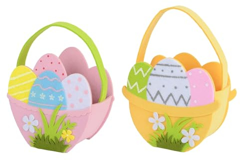 Osterkörbchen Filz 16x16cm 1 Stück sortiert - mit Henkel und Eiermotiv - Filzkorb Osternest Deko - Osterkorb Filztasche - Ostereiersuche Sammeltasche - Ostereierkorb für Kinder - Gelb Rosa