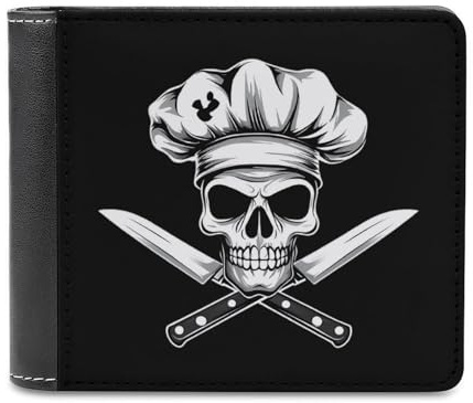 Crossed Chef Knives Skull Card Holder Wallets PU Bifold | Slim Wallet for Women Men with Money Clips 2 Hidden Compartments and 6 Slots