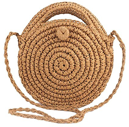 Minetom Damen Stroh Crossbody Tasche Frauen Weben Umhängetasche Runde Sommer Strand Geldbörse Vintage Handtaschen Bohemia Strandtasche Handgelenkstasche A Khaki 23x23x7 cm