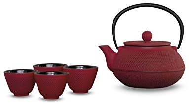 WD Lifestyle - Set théière en fonte avec filtre de 600 ml et 4 verres de 50 ml - Couleur rouge