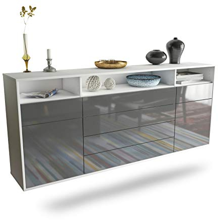 Dekati Sideboard Bellevue hängend (180x77x35cm) Korpus Weiss matt - Front Hochglanz Grau - Push to Open - Leichtlaufschienen