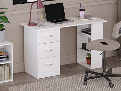 Vida Designs Mason Computer Desk with Shelves and 3 Drawers, Home Office PC/Laptop Gaming Table, Study Workstation, Furniture White