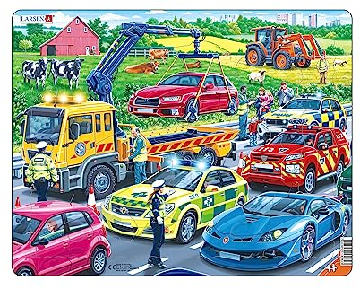 Larsen Puzzles PG3 Rahmenpuzzle Kinder Rettungsfahrzeuge auf der Autobahn 26 Teile ab 3 Jahre Lernspielzeug Konzentration und Motorik fördern