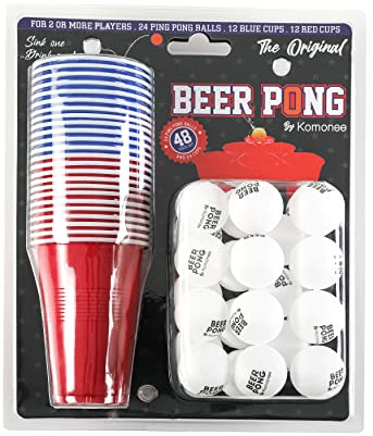 Komonee Beer Pong Set 48 Piece Mega Pack American Adult Indoor Novelty Drinking Game 24 Re-usable Cups and 24 White Balls