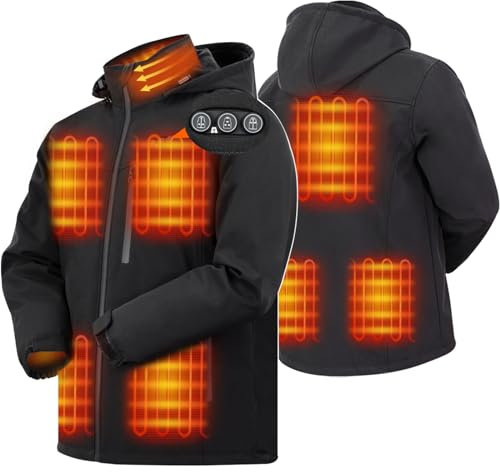 ARRIS Heated Jacket for Men, Electric Heating Warm Coat with 7.4V Rechargeable Battery/8 Heating Areas/Detachable Hood for Winter Use Black L