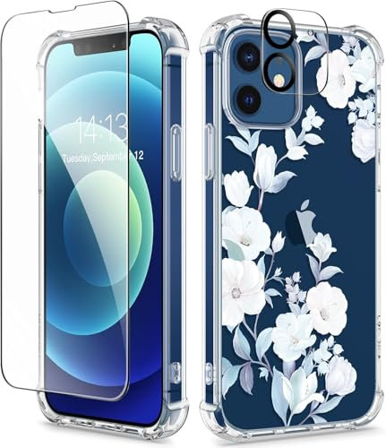 GVIEWIN kompatibel mit iPhone 12 Hülle/iPhone 12 Pro Hülle 6,1 2020, mit Displayschutz Schutzfolie+Kamera Schutzfolie, Blume Klar TPU Dünn Stoßfest Kratzfestes Handyhülle Schutzhülle (Hibiskus/Weiß)