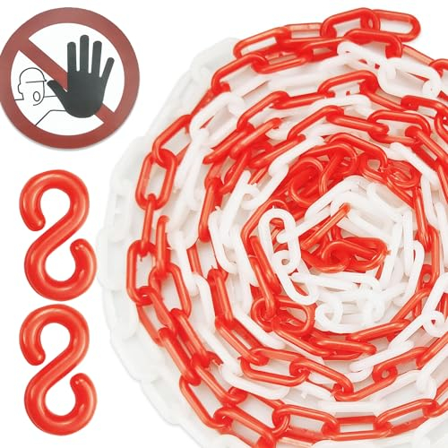 Kunststoffkette, Absperrkette| Rot/Weiß 5 Mx6mm, Kunststoff Gliederkette Mit 2 StüCk Kein Vorbeifahrendes Schild And2 S-Schnalle Mit Hoher Sichtbarkeit Leitplankenpfosten Sicherheitsabsperrung