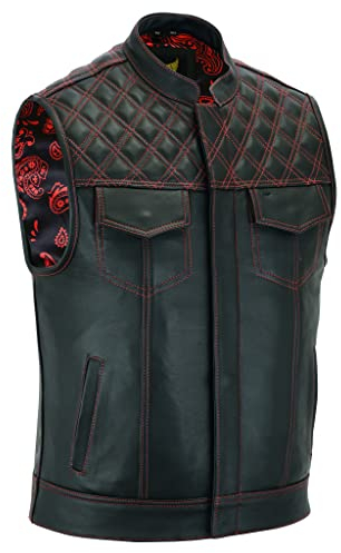 Leatherick Groove Club Hommes Gilet Cuir Biker - Doublure Traditionnelle En Satin Paisley (FR/ES, Numérique, 60, Taille normale, Taille normale)