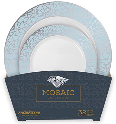 Decorline - Assiettes en Plastique Dur réutilisables de 32 pièces - Pour 16 Personnes - Collection Mosaic - Argent - Assiette vintage - pour Anniversaires, Mariages & Fêtes