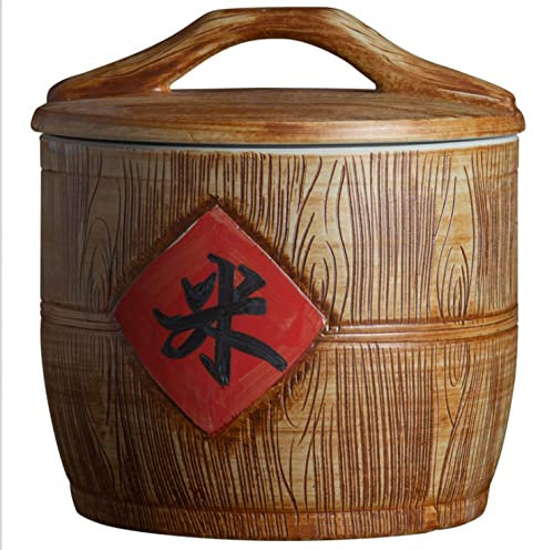 TSTSM Retro Ceramic Rice Cylinder Grain Storage Container Grain Distributor Household Rice Bucket with Lid-15kg