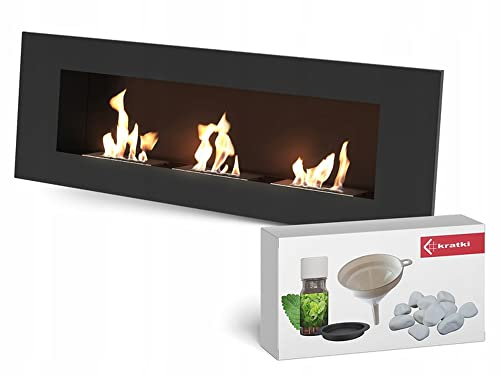 KRATKI Delta 3 Bio-Ethanol-Kamin + Kieselsteine + Trichter + Aromatherapie-Set | Wand- oder Nischeneinbau l Verglasung, Biocontainer 0,6 l, TÜV | Stahl, 40 x 120 cm, Schwarz