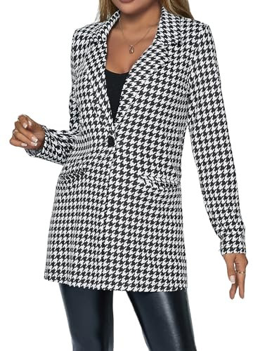 Floerns Blazer décontracté à rayures ouvert sur le devant pour femme, Pied de poule noir et blanc., Small
