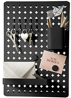 WENKO Panel Organizador WANO, Tablero Perforado con Accesorios, Incluye 3 Imanes, 5 ganchos, 2 soportes, Rejilla Metalica para Oficina, Cocina, Habitacion, Decoracion Pared, Negro, 50 x 35 x 2 cm