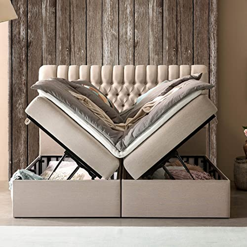 Boxspringbett mit Bettkasten Chester Webstoff, mit Topper, Hotelbett, 7 Zonen Taschenfederkern-Matratze, Lieferung und Aufbau KOSTENLOS (Beige, 160x200 cm mit Topper)